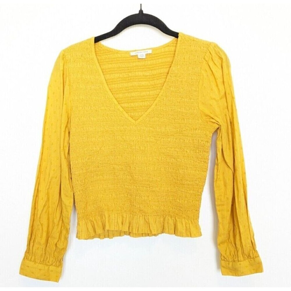 American‎ Eagle Blouse Womens Small Yellow Smocked Cropped Y2K 90s Top Shirt